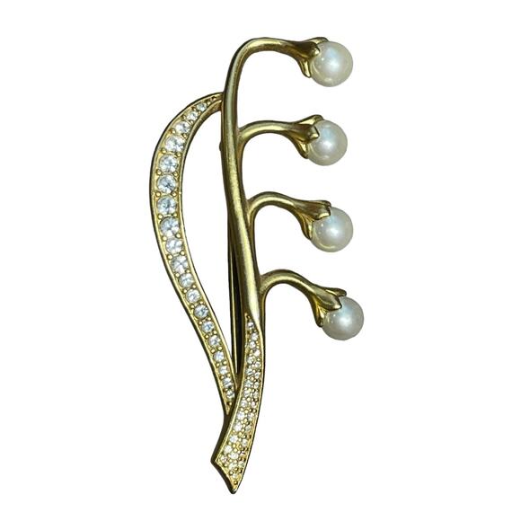 Swarovski Crystal Faux Pearl Brooch Pin Gold Tone Lily of the Valley Signed Swan - Picture 13 of 13